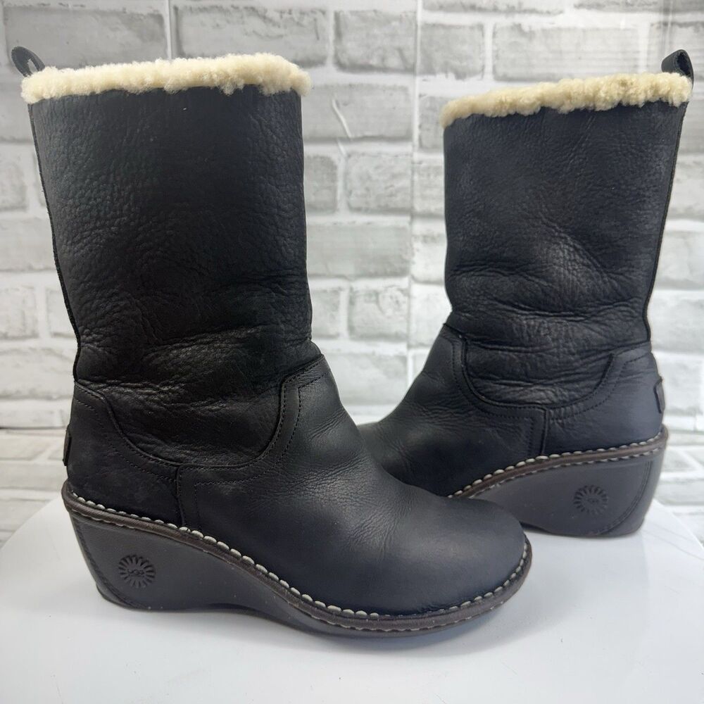 UGG Hartley Women's Size 7 Black Suede Sheepskin Lined Tall Zip Up Wedge Boots